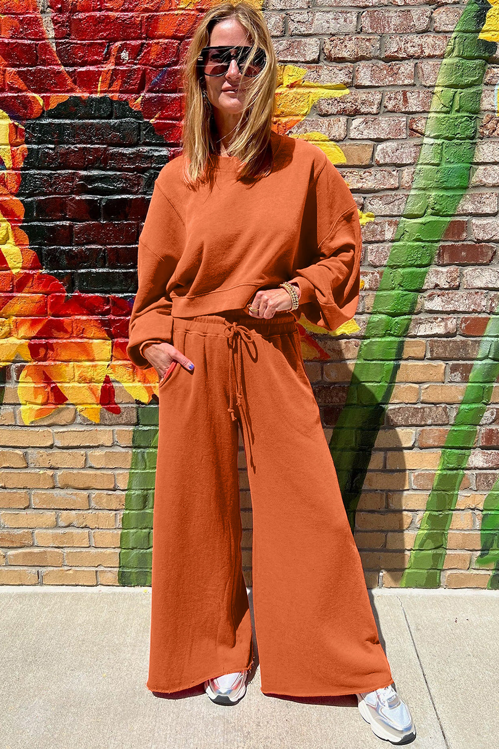 Mist Blue Drop Shoulder Crop Pullover Drawstring Wide Leg Pants Set