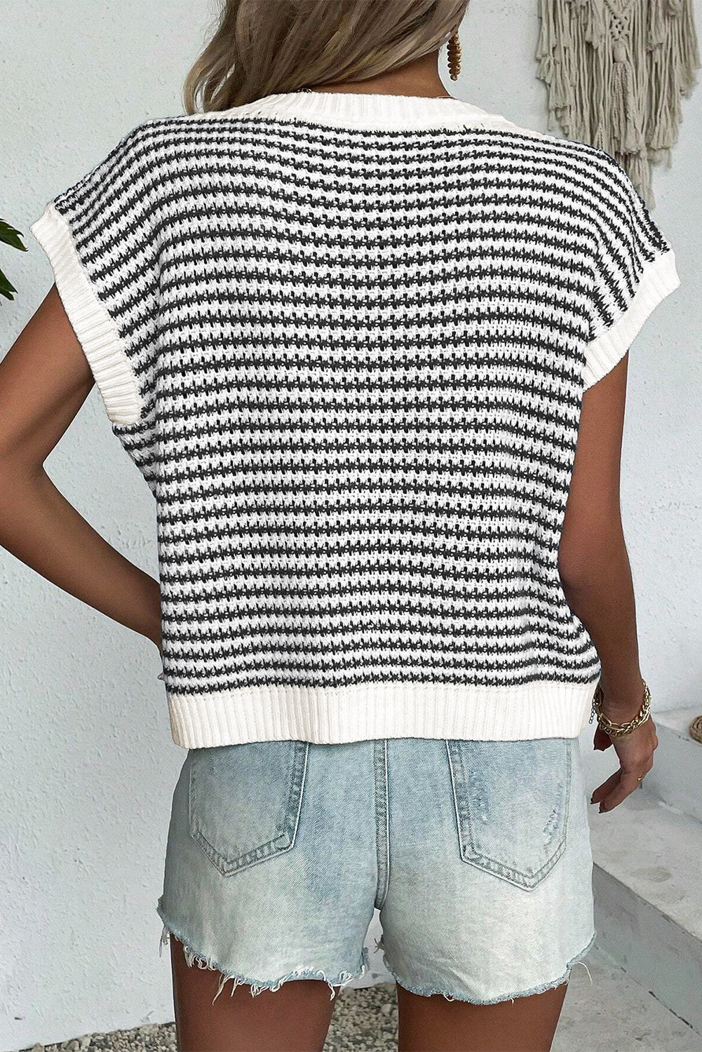 Blue Stripe Contrast Trim Knit Dolman Top
