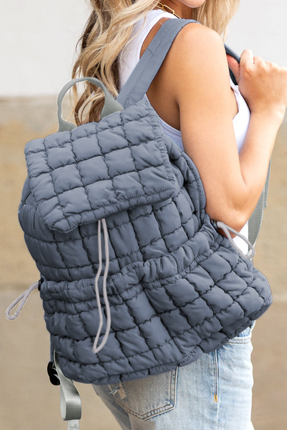 White Solid Flapped Quilted Puffer Backpack