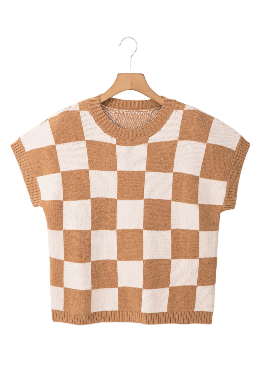 Light Beige Colorblock Checkered Knit Dolman Tee