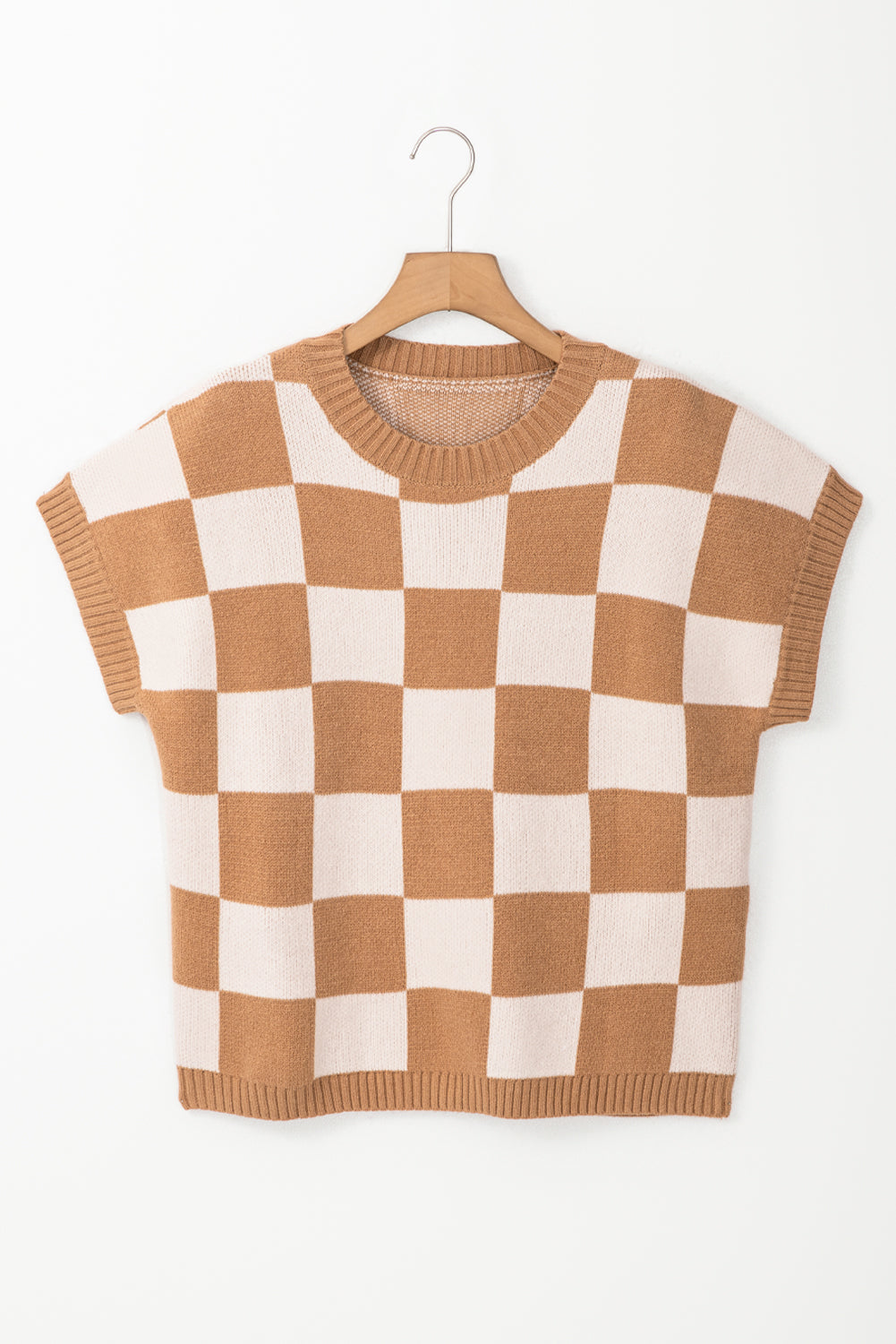 Light Beige Colorblock Checkered Knit Dolman Tee