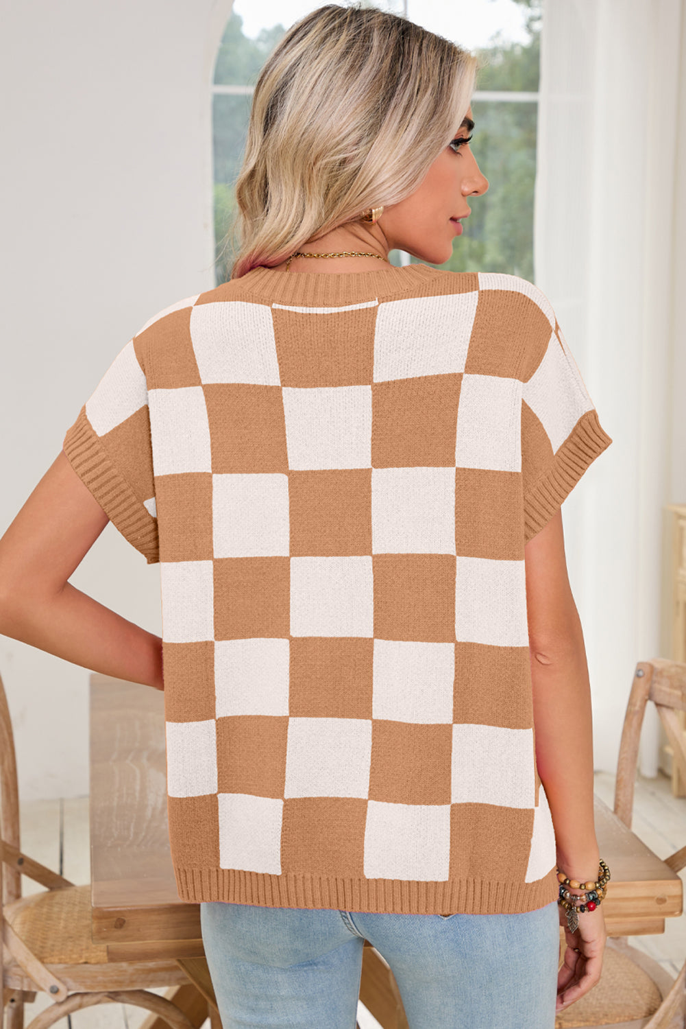 Light Beige Colorblock Checkered Knit Dolman Tee