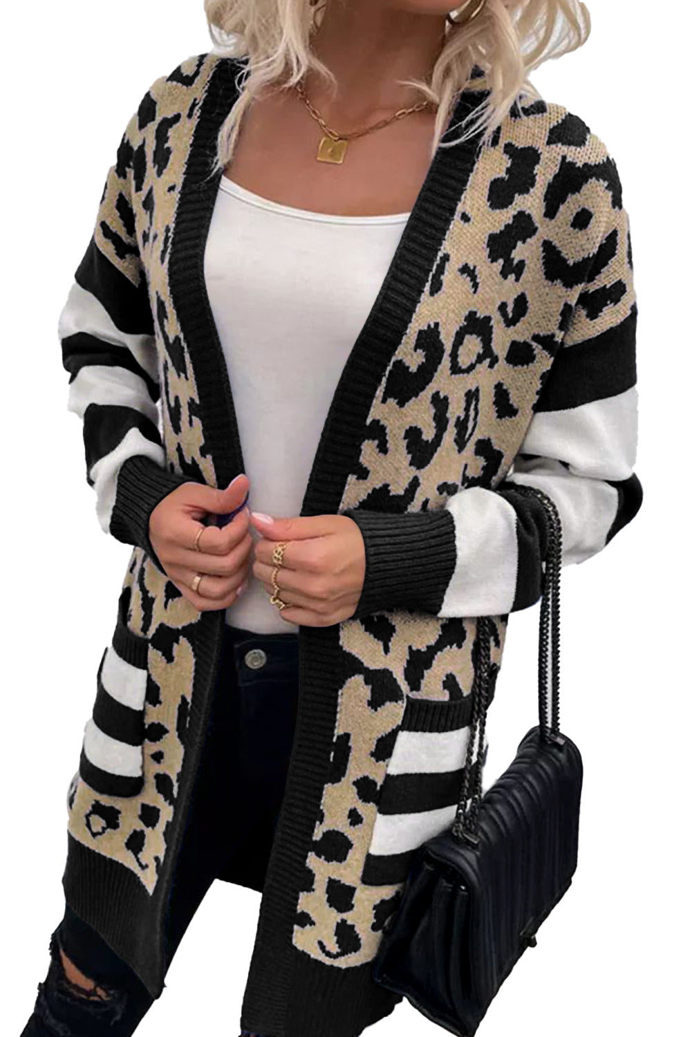 Dark Blue Stripe Sleeve Leopard Print Cardigan