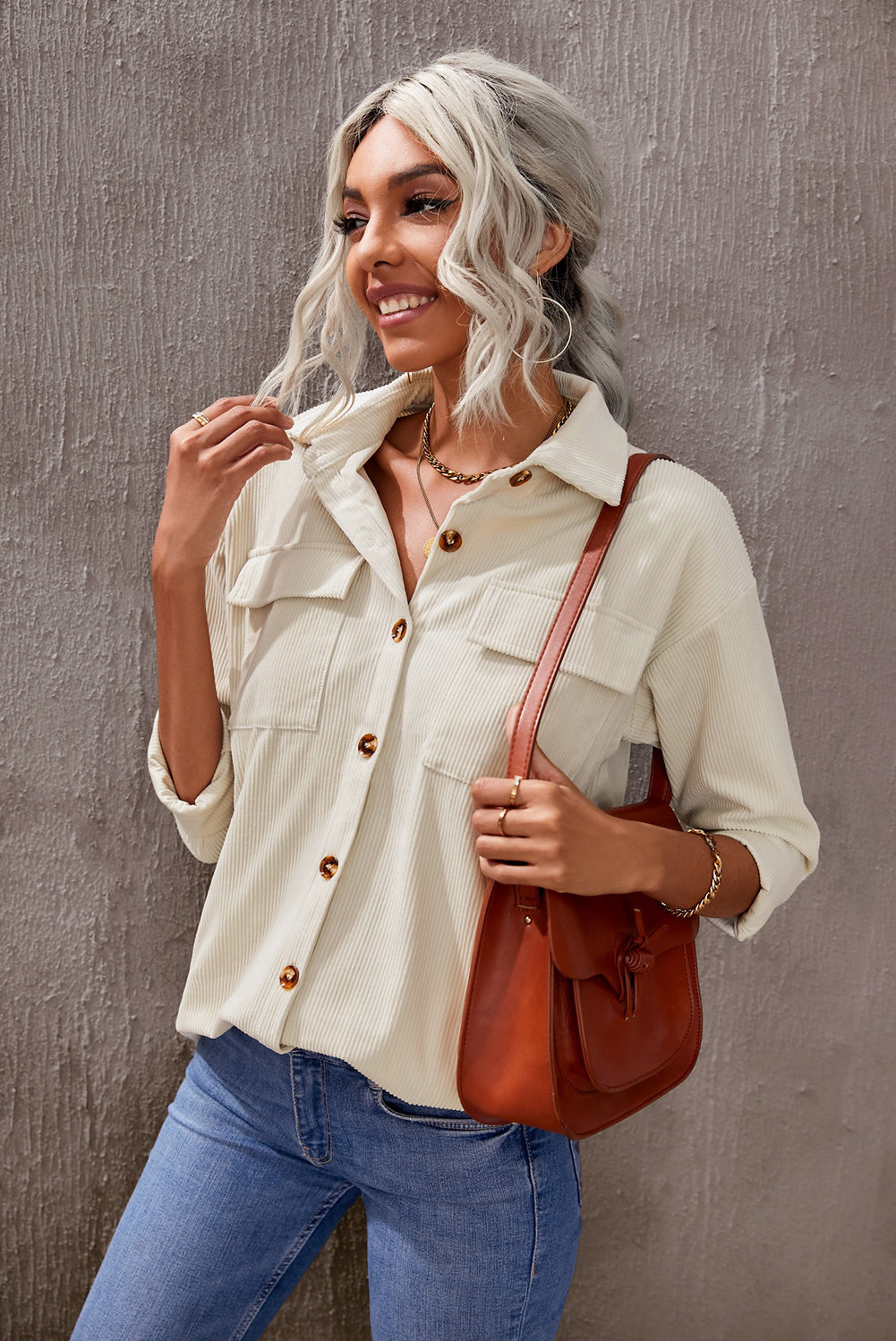 Beige Button Up Patch Pocket Corduroy Shacket
