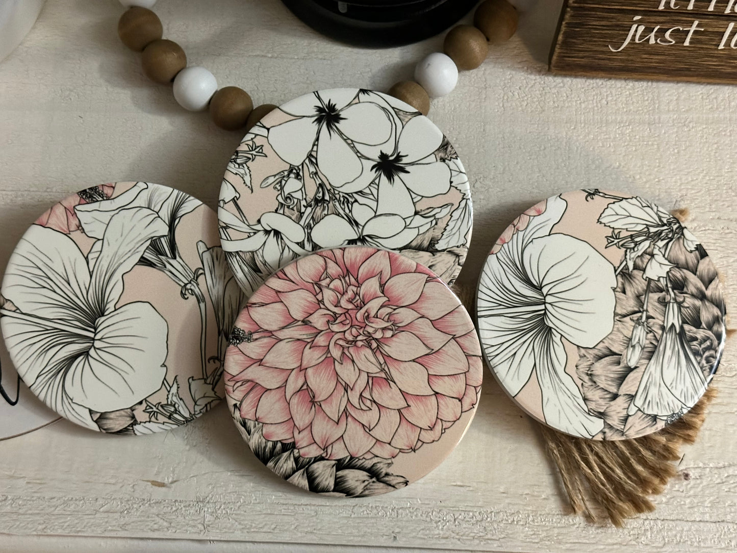 Boho Floral Ceramic Coaster Set