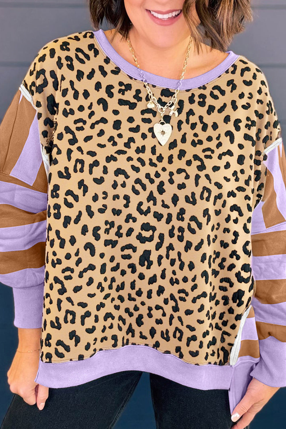 Khaki Leopard Striped Patchwork Plus Size Loose Sweatshirt