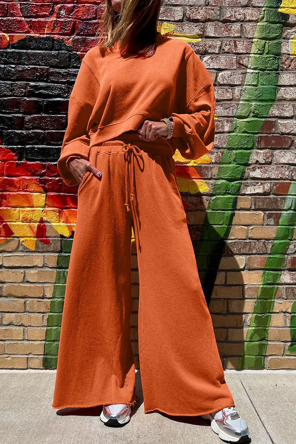 Mist Blue Drop Shoulder Crop Pullover Drawstring Wide Leg Pants Set