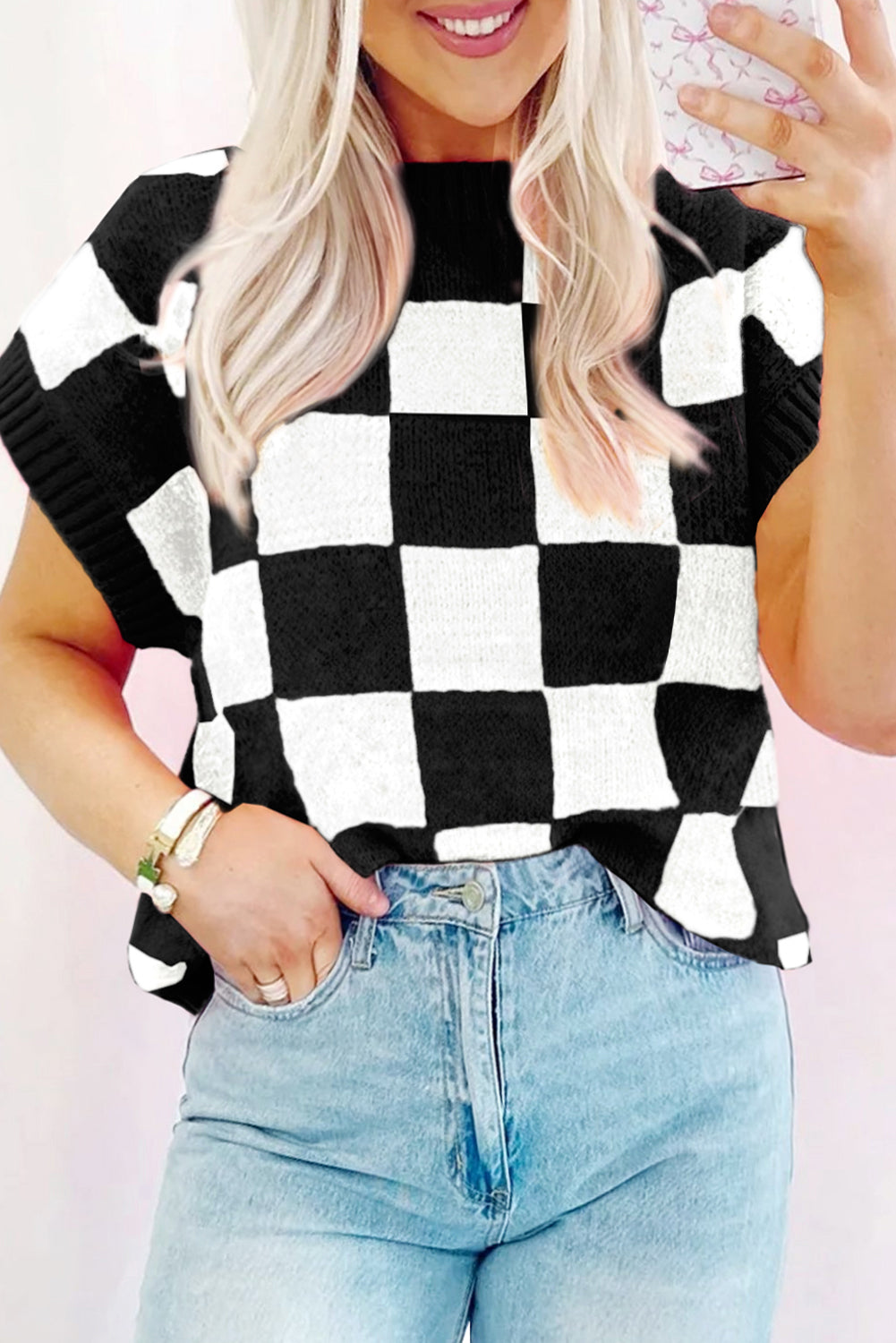 Light Beige Colorblock Checkered Knit Dolman Tee