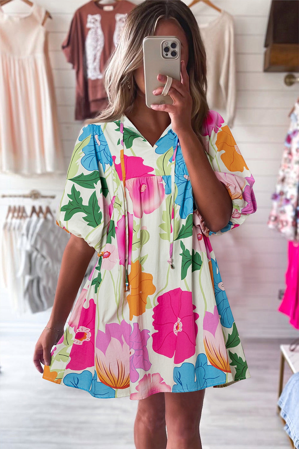 Dark Blue Floral Lantern Sleeve Split Neck Babydoll Dress
