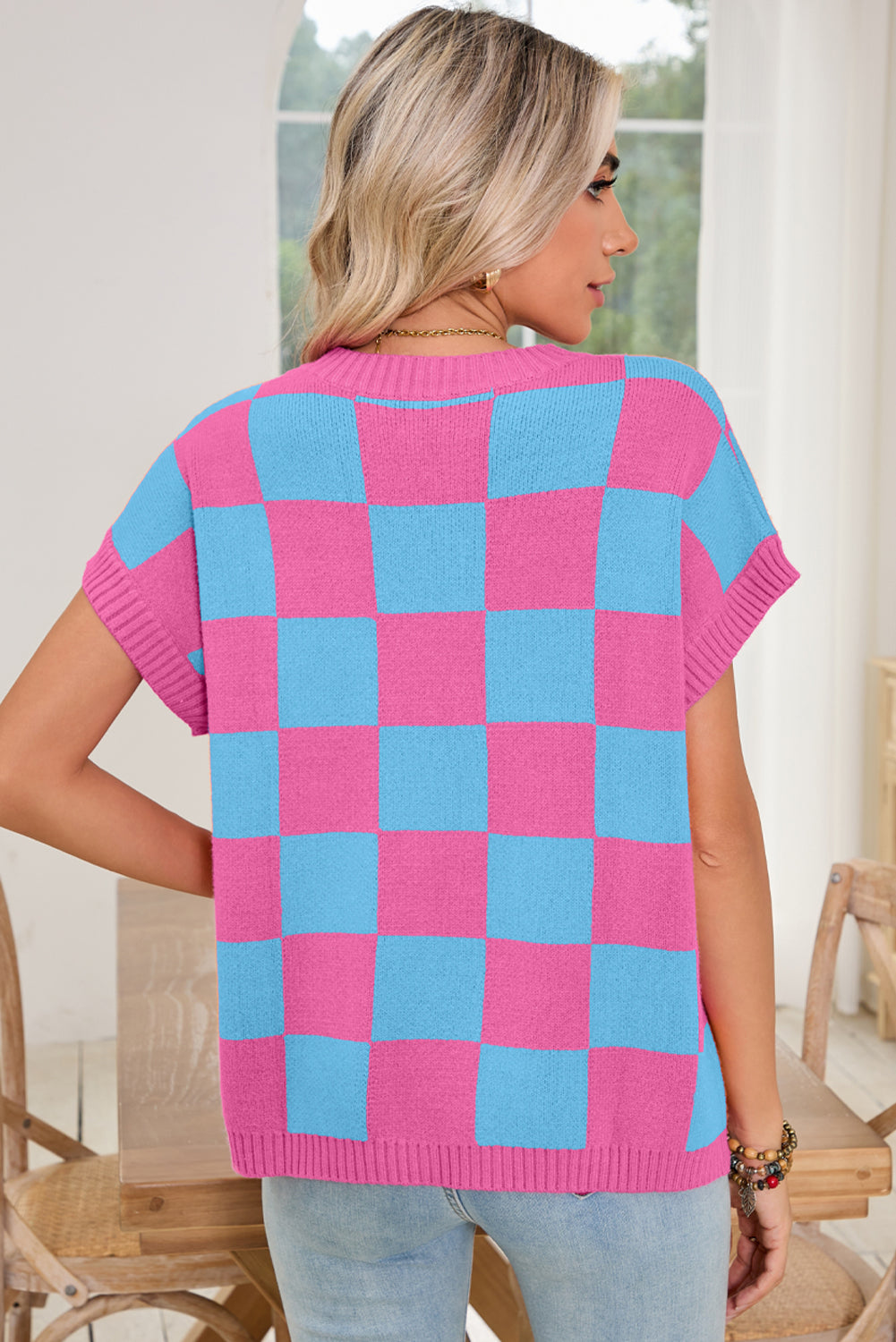 Light Beige Colorblock Checkered Knit Dolman Tee