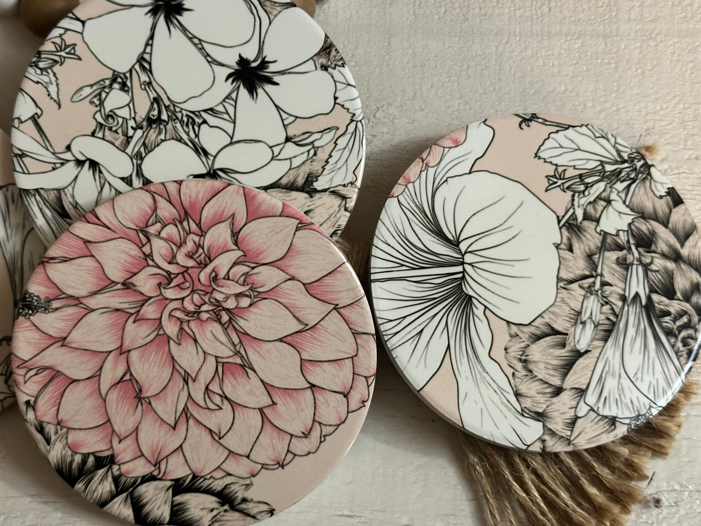 Boho Floral Ceramic Coaster Set