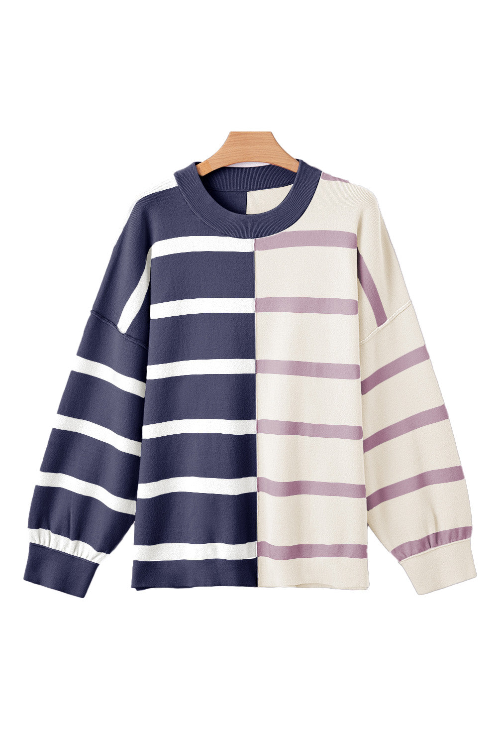 Pink Striped Colorblock Drop Shoulder Sweater