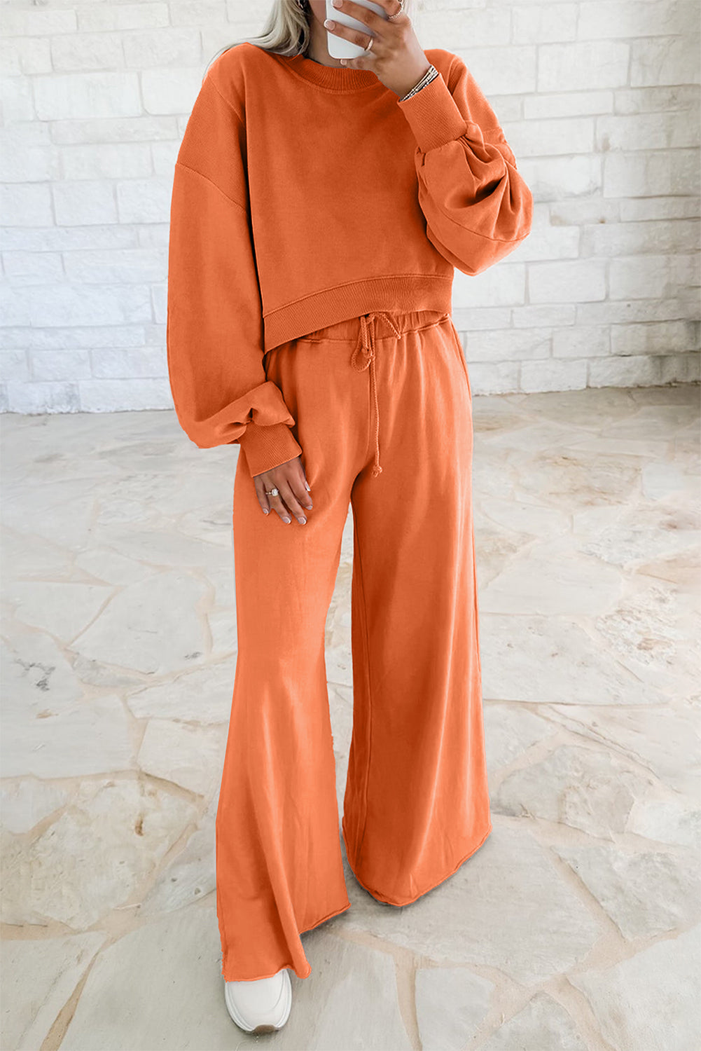 Mist Blue Drop Shoulder Crop Pullover Drawstring Wide Leg Pants Set