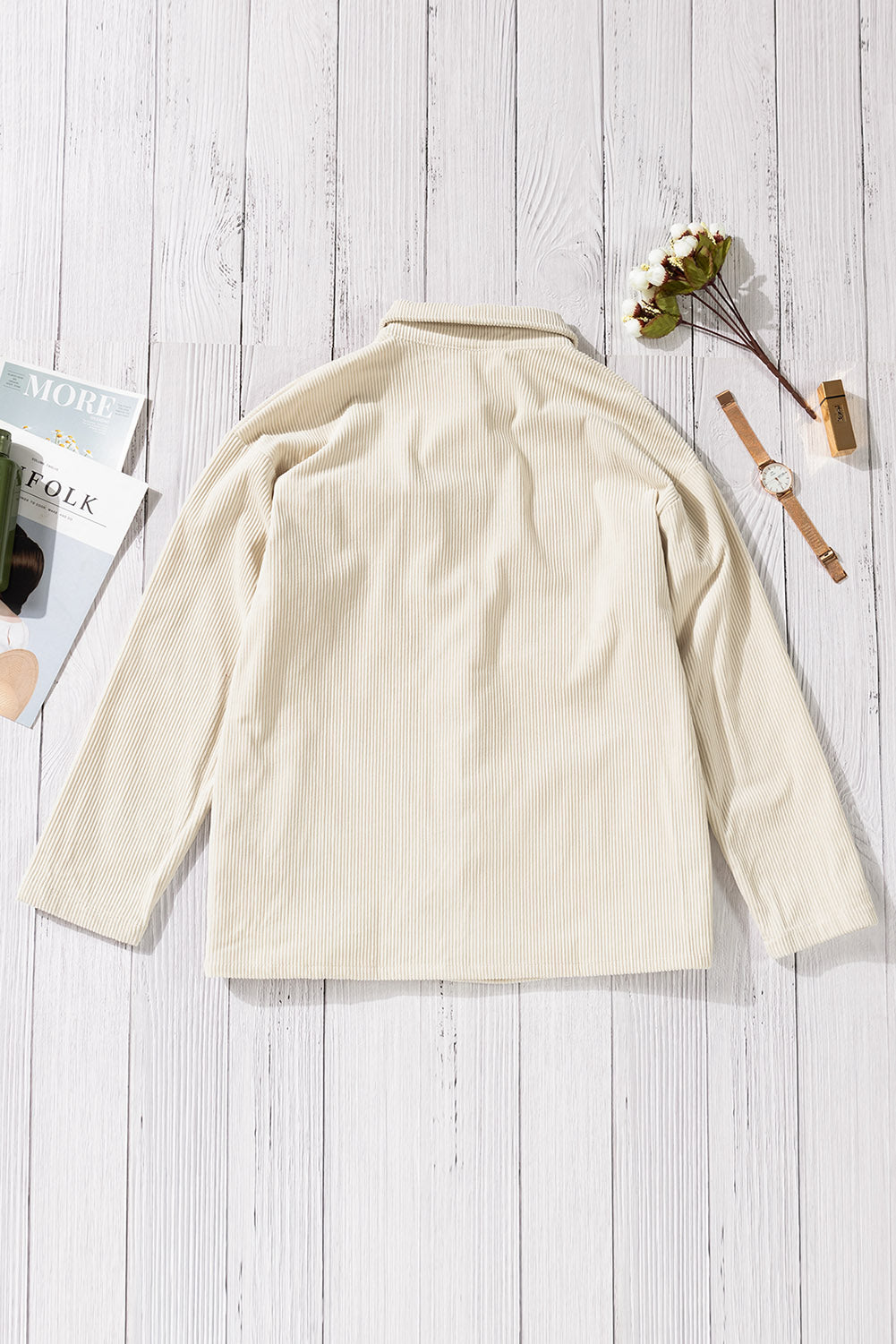 Beige Button Up Patch Pocket Corduroy Shacket