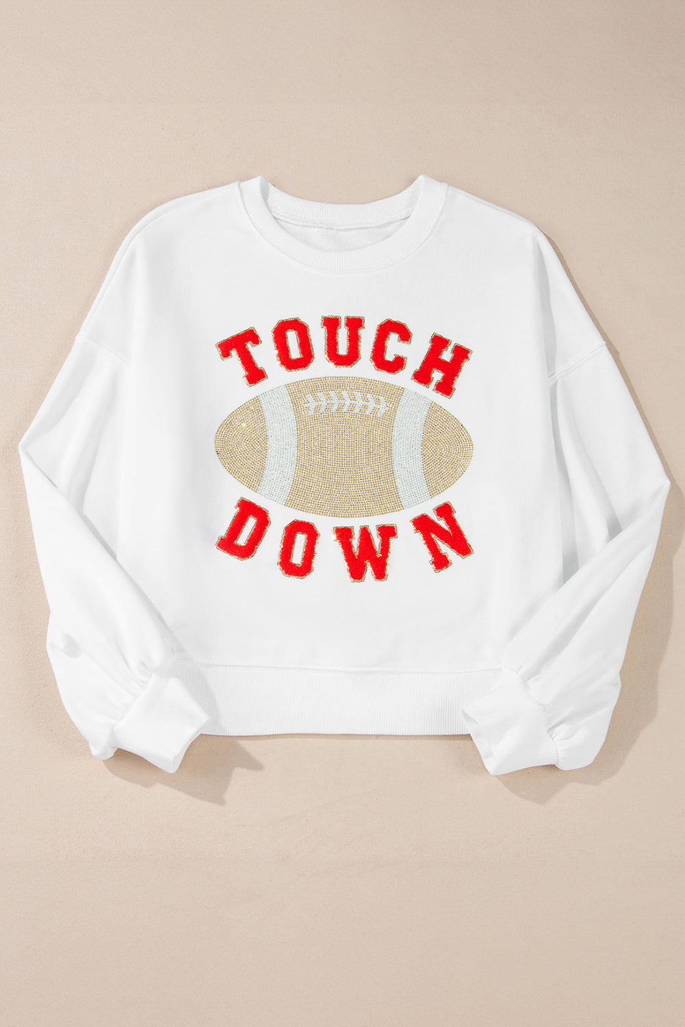 White TOUCH DOWN Rugby Graphic Pullover Sweatshirt