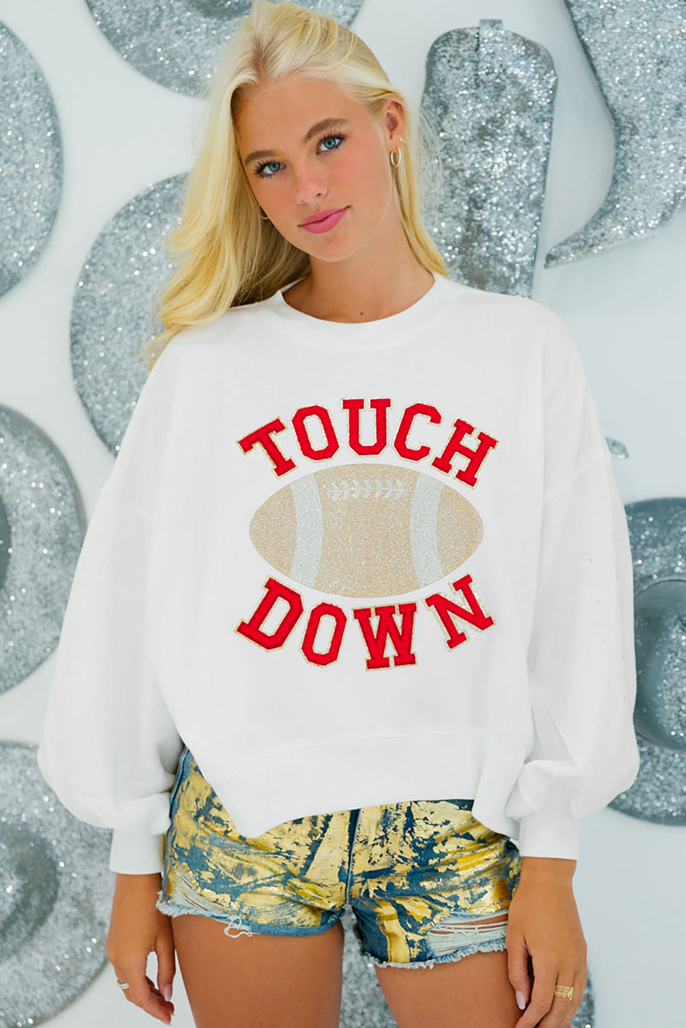 White TOUCH DOWN Rugby Graphic Pullover Sweatshirt