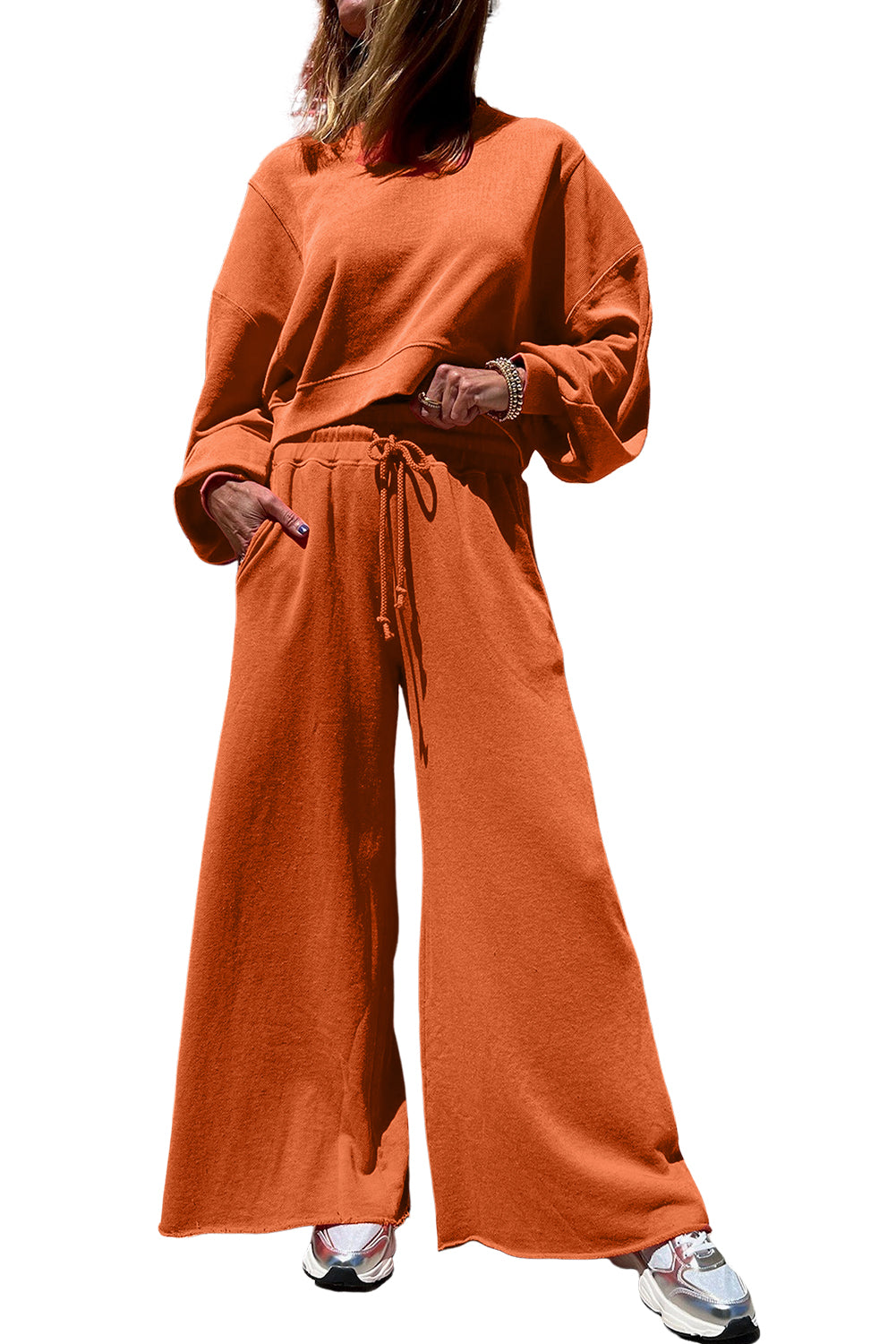 Mist Blue Drop Shoulder Crop Pullover Drawstring Wide Leg Pants Set
