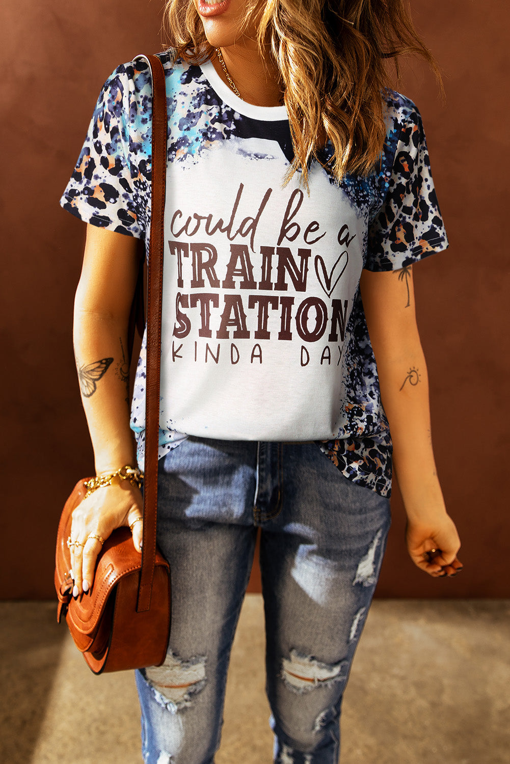Brown Leopard Print TRAIN STATION Graphic T Shirt
