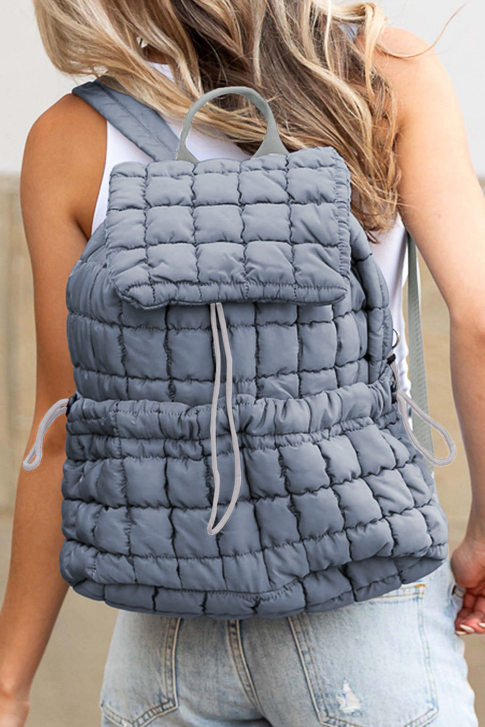 White Solid Flapped Quilted Puffer Backpack