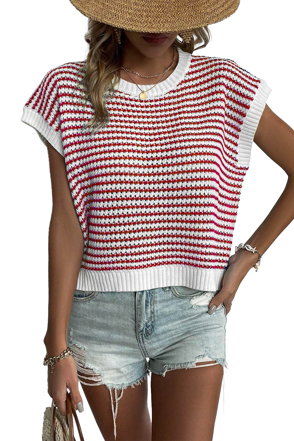 Blue Stripe Contrast Trim Knit Dolman Top