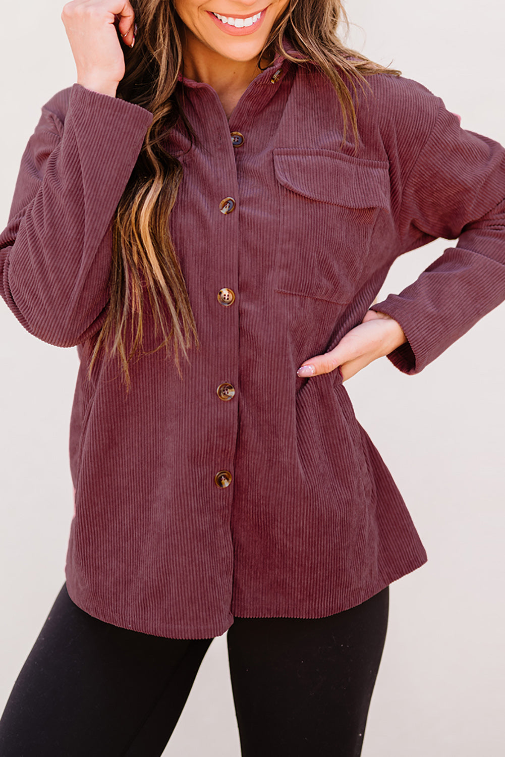 Beige Button Up Patch Pocket Corduroy Shacket