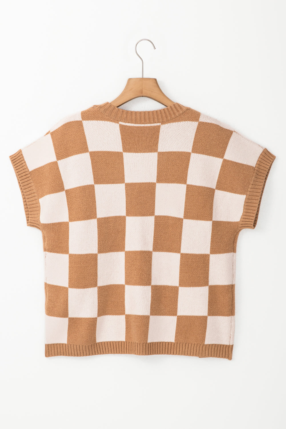 Light Beige Colorblock Checkered Knit Dolman Tee