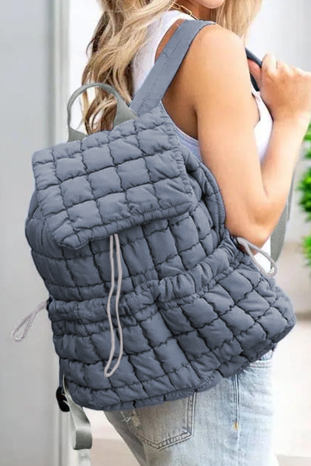 White Solid Flapped Quilted Puffer Backpack