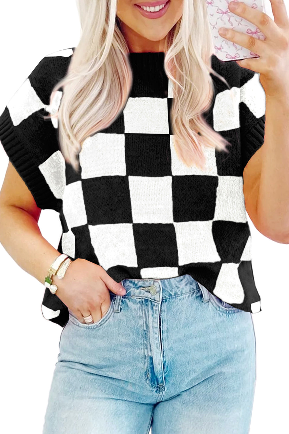 Light Beige Colorblock Checkered Knit Dolman Tee
