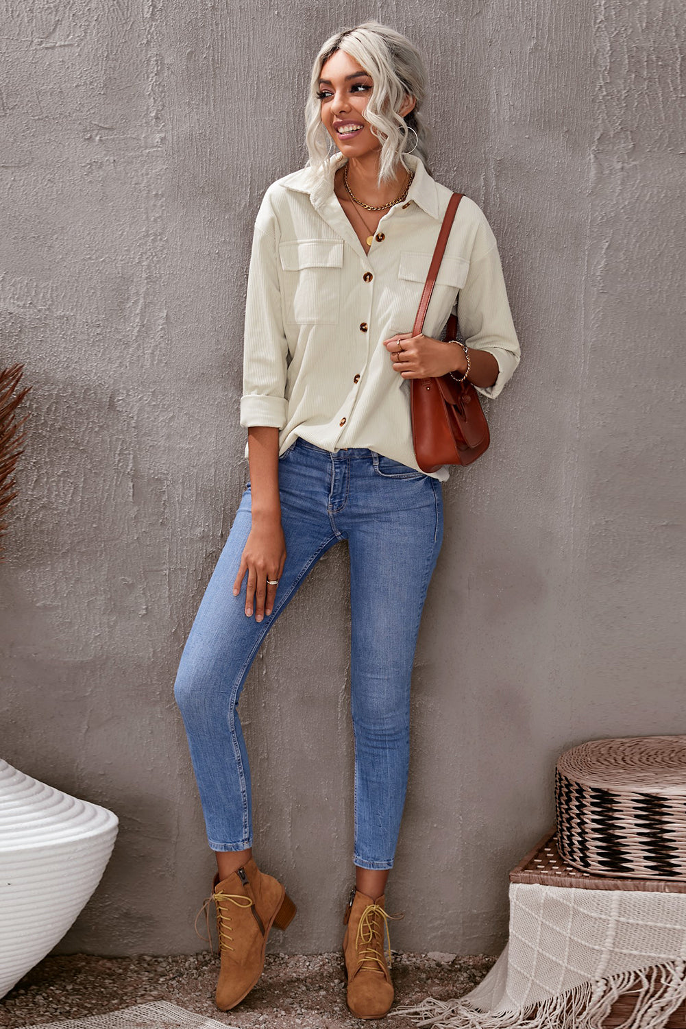 Beige Button Up Patch Pocket Corduroy Shacket