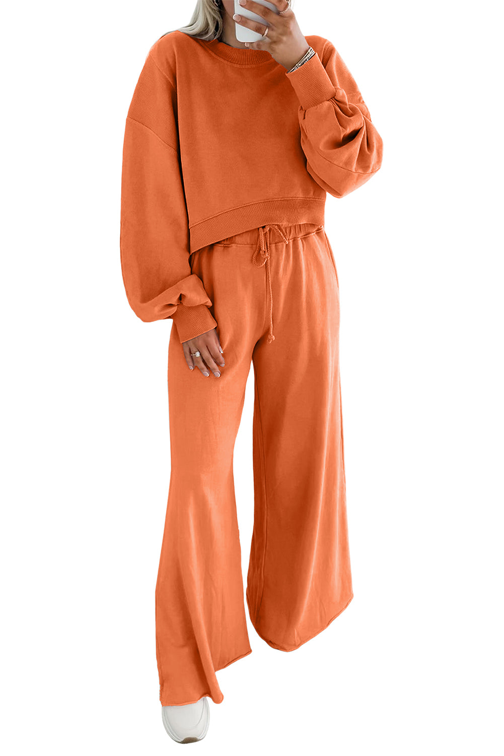 Mist Blue Drop Shoulder Crop Pullover Drawstring Wide Leg Pants Set