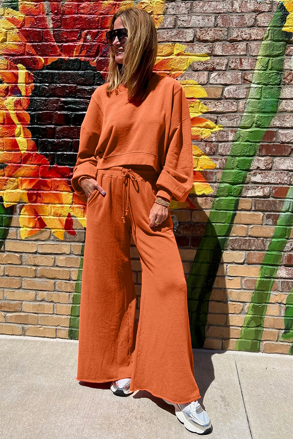 Mist Blue Drop Shoulder Crop Pullover Drawstring Wide Leg Pants Set