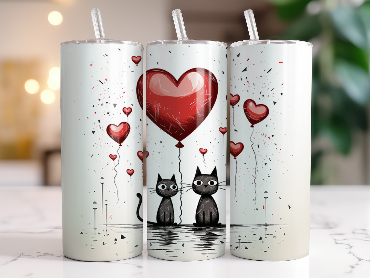 Cats & Heart Balloons Valentines 20oz Skinny Tumbler