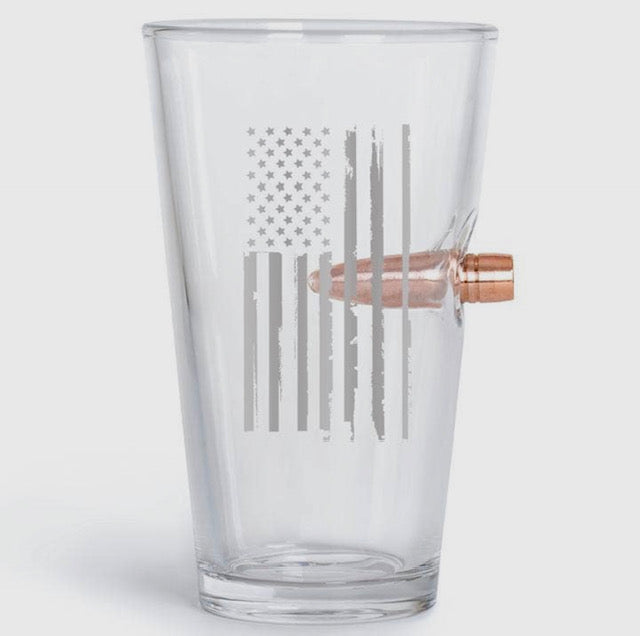 .50 Caliber Bullet Pint Glass - Weathered Flag engraved.