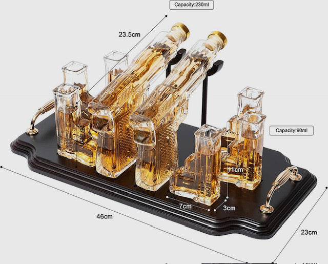 Pistol 2 Whiskey Decanters 300ml with 6 3oz pistol shotglasses