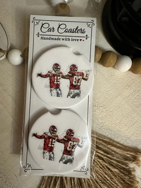 Mahomes & Kelce KC Chiefs Football Ceramic Car Coaster Set