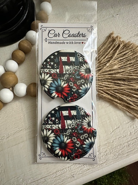 Red White & Blue Flag & Flowers Car Coaster Set