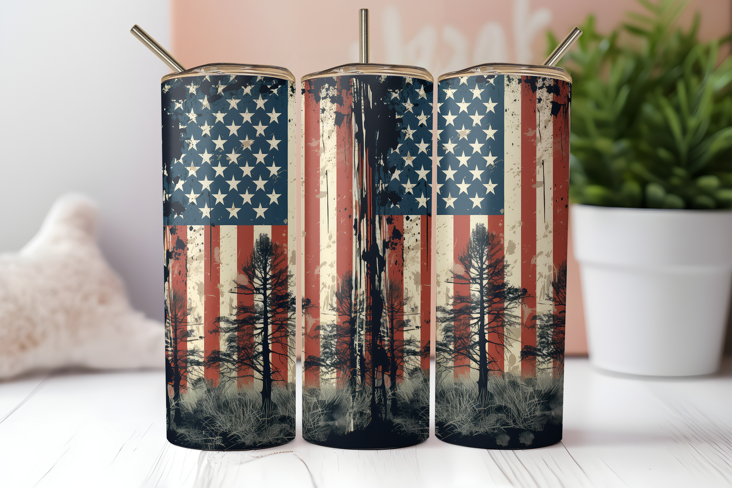 Patriotic Flag & Trees 20oz Skinny Tumbler