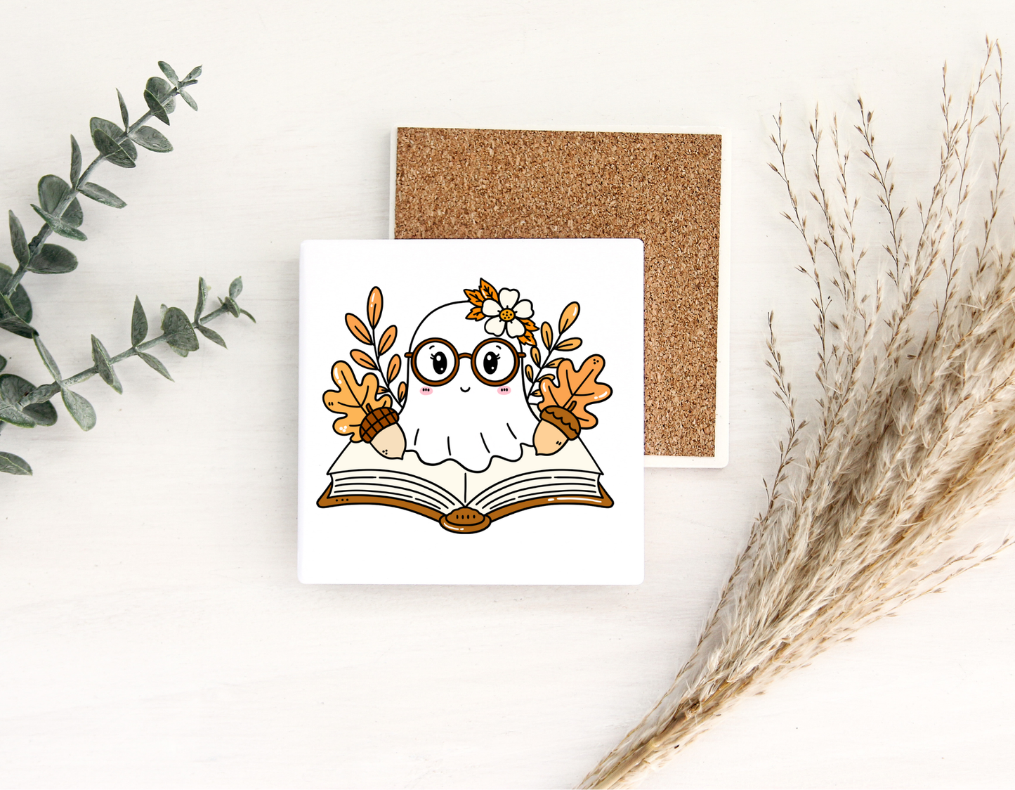 Retro Fall Bookish Ghost Ceramic Coaster