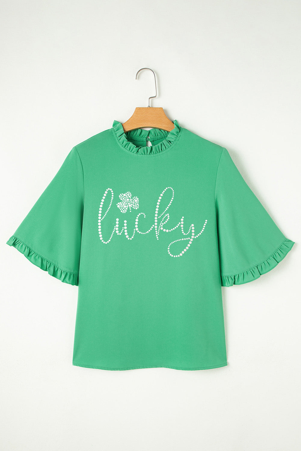 Green Ceramic Rhinstone lucky Clover Graphic Frilled Bell Sleeve Blouse