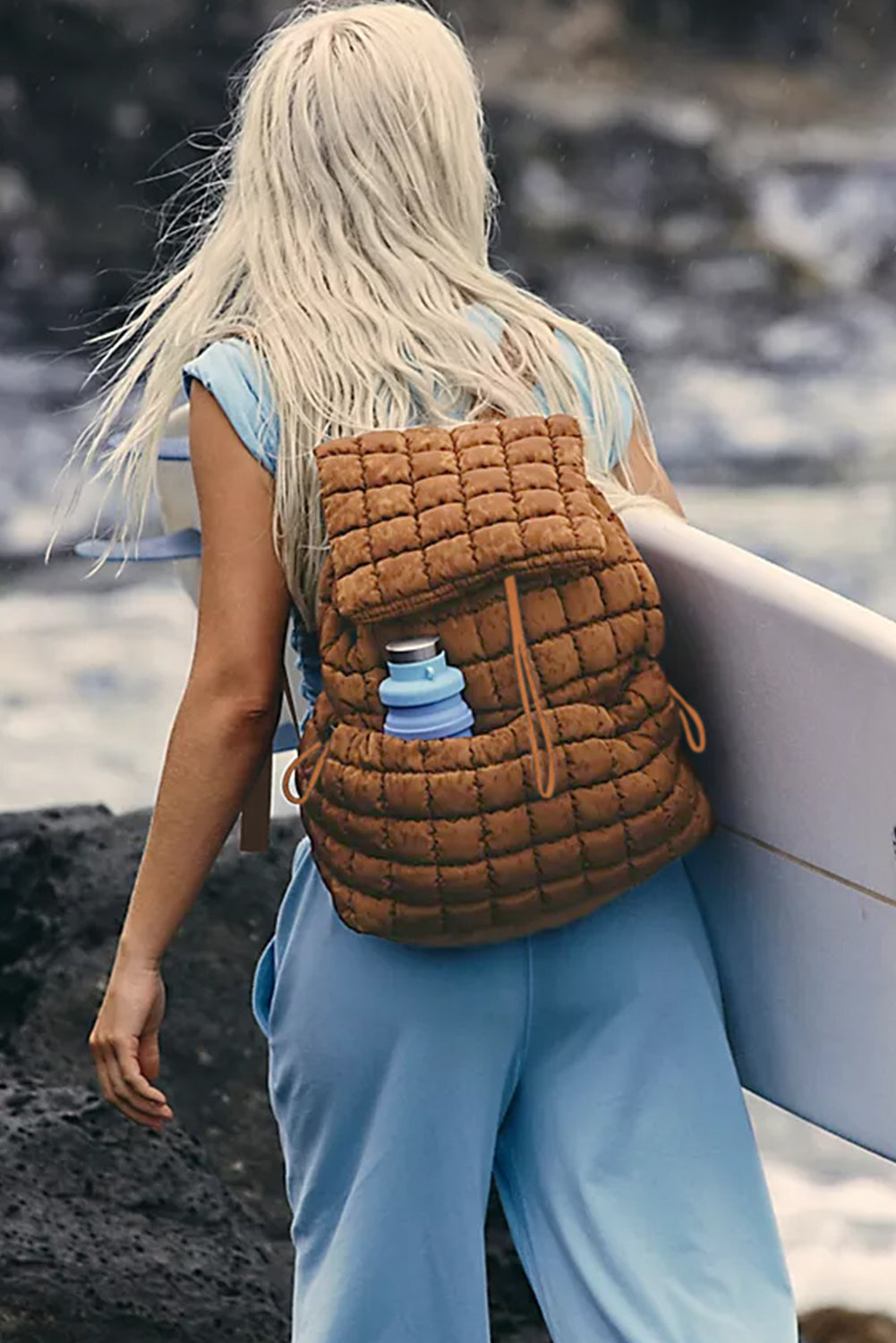 White Solid Flapped Quilted Puffer Backpack