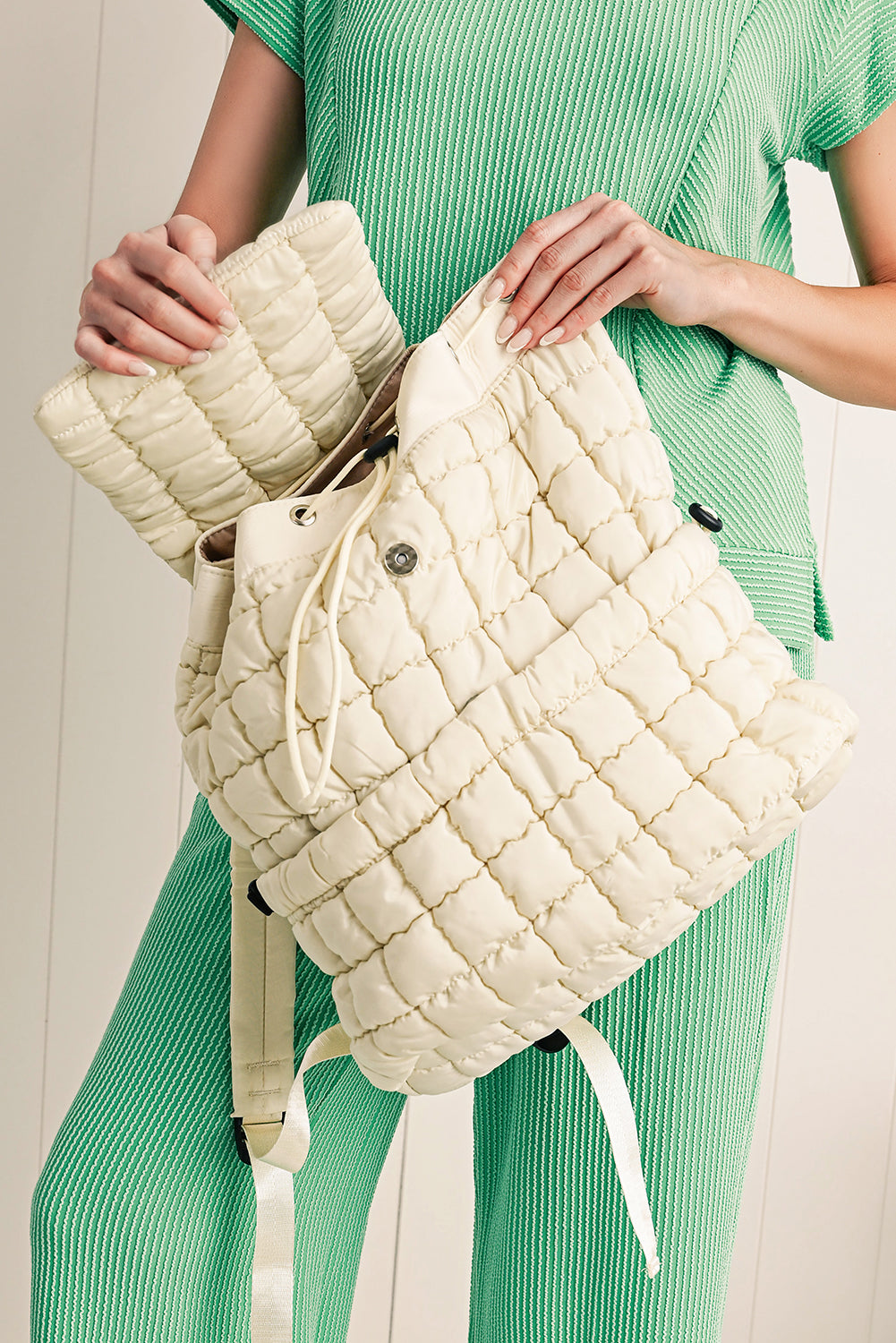 White Solid Flapped Quilted Puffer Backpack