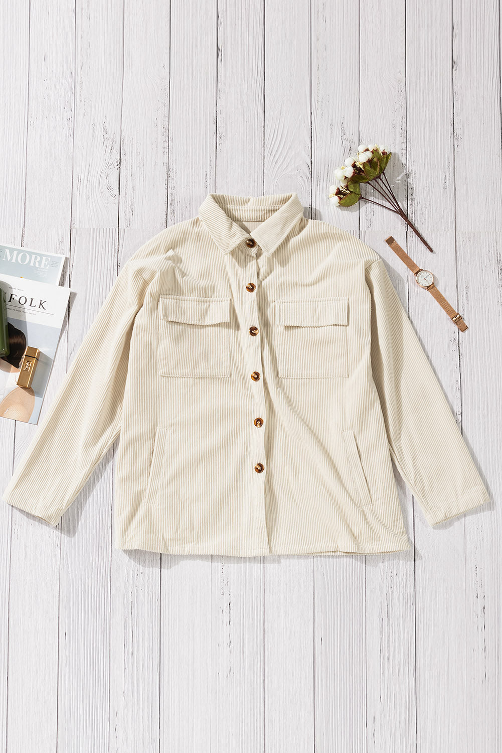Beige Button Up Patch Pocket Corduroy Shacket