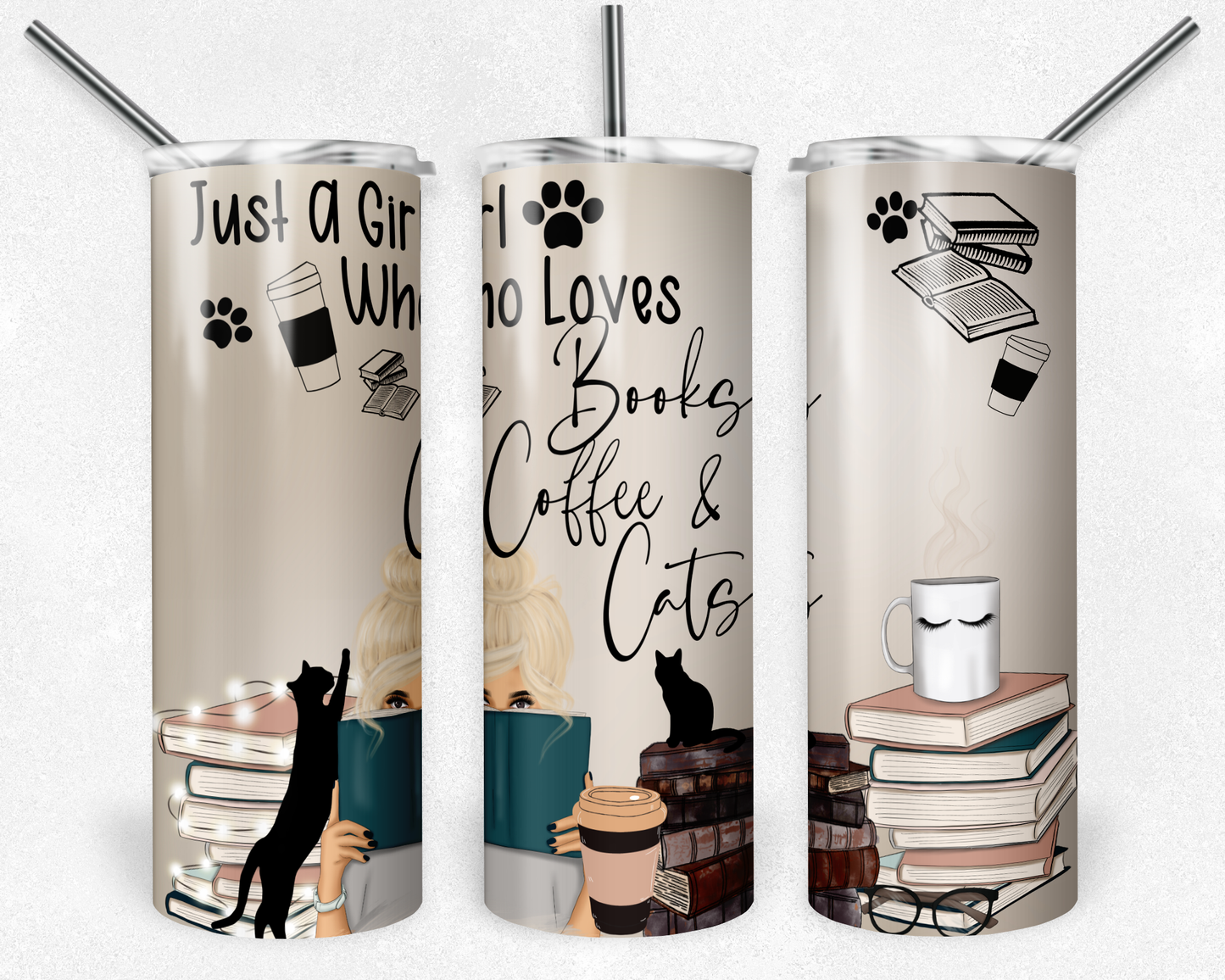 Just A Girl Who Loves Books Coffee Cats 20oz Skinny Tumbler
