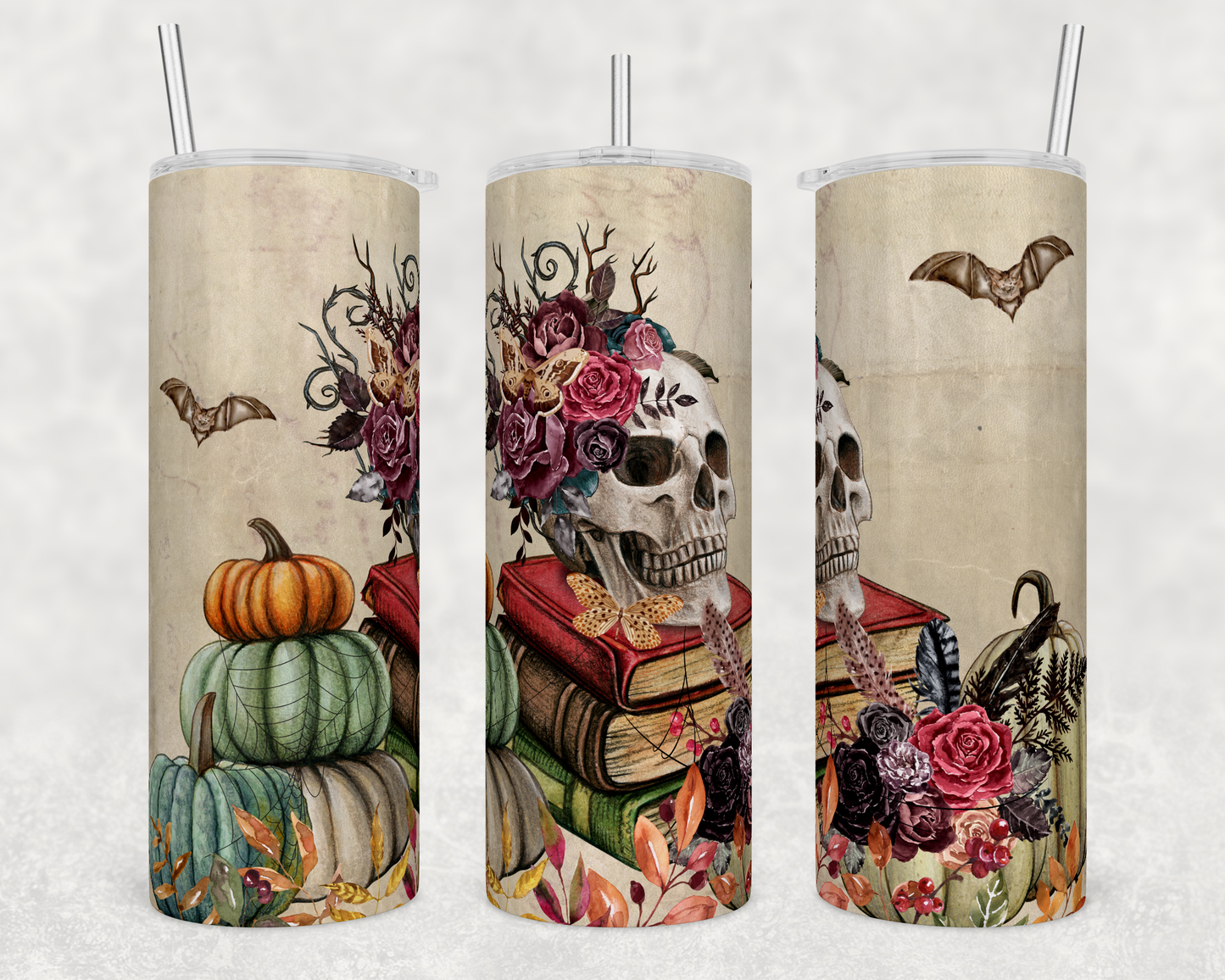 Pumpkin Skull Books Fall Halloween 20oz Skinny Tumbler
