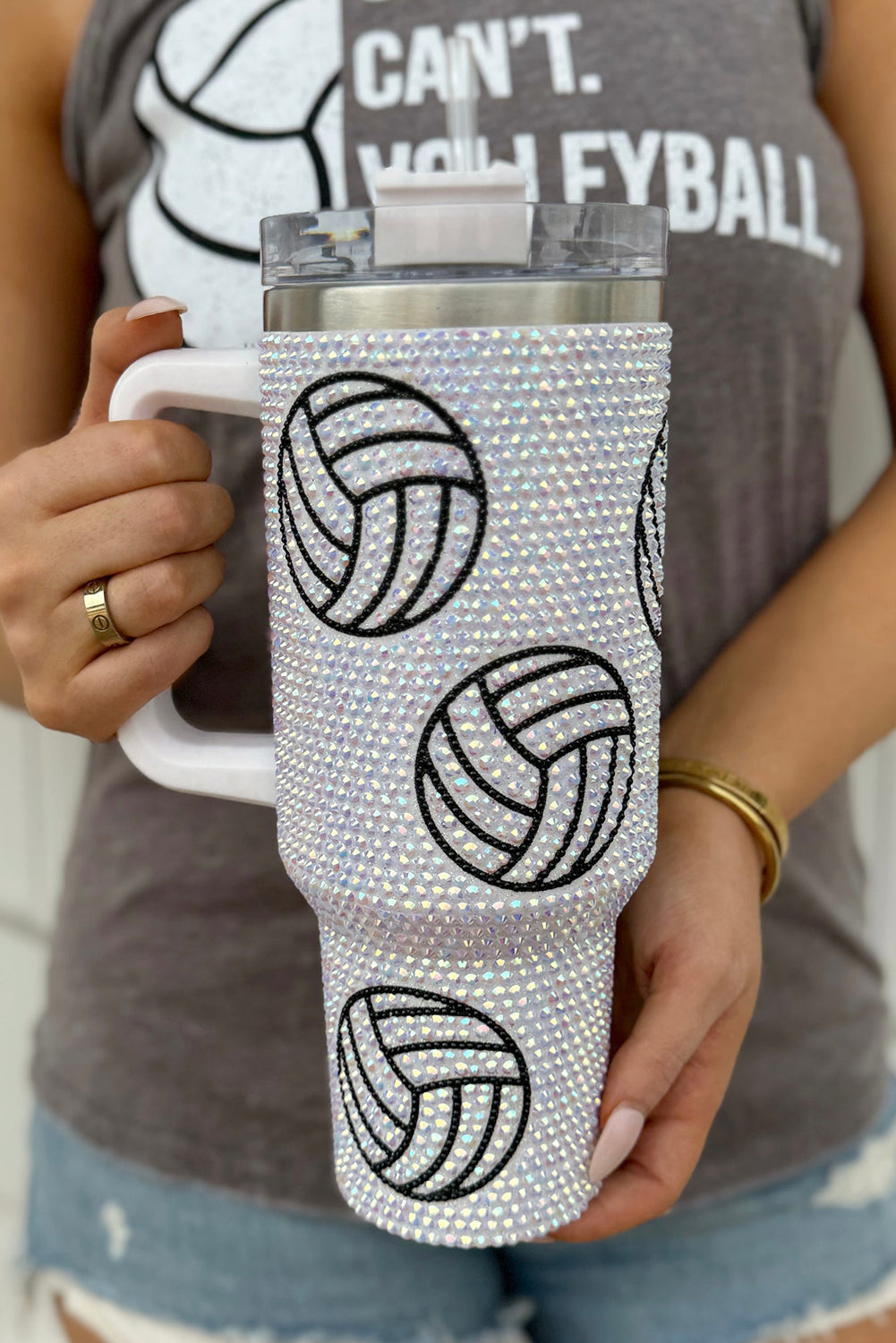 Black 40Oz Rhinestone Volleyball Tumbler Cup with Handle