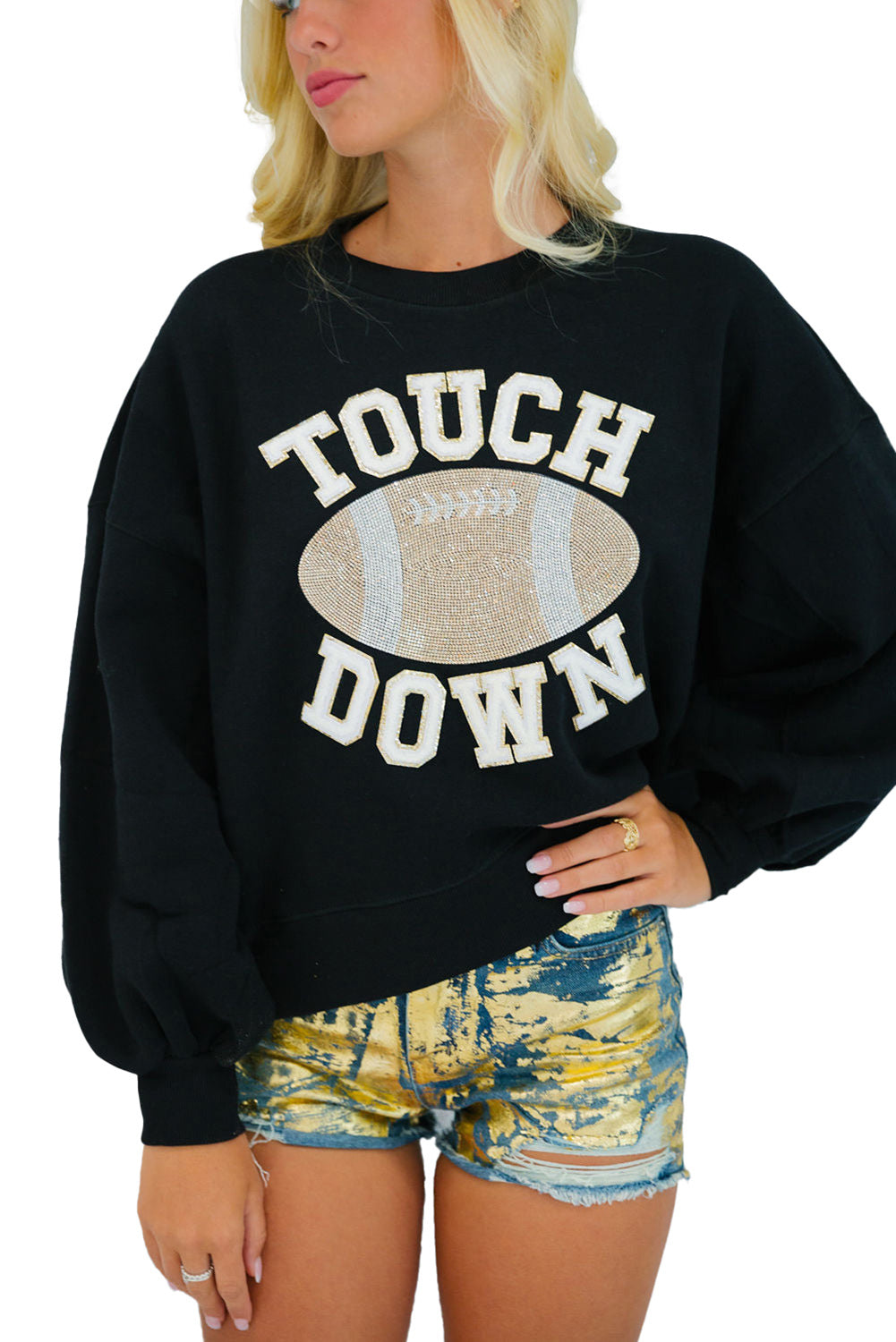 White TOUCH DOWN Rugby Graphic Pullover Sweatshirt