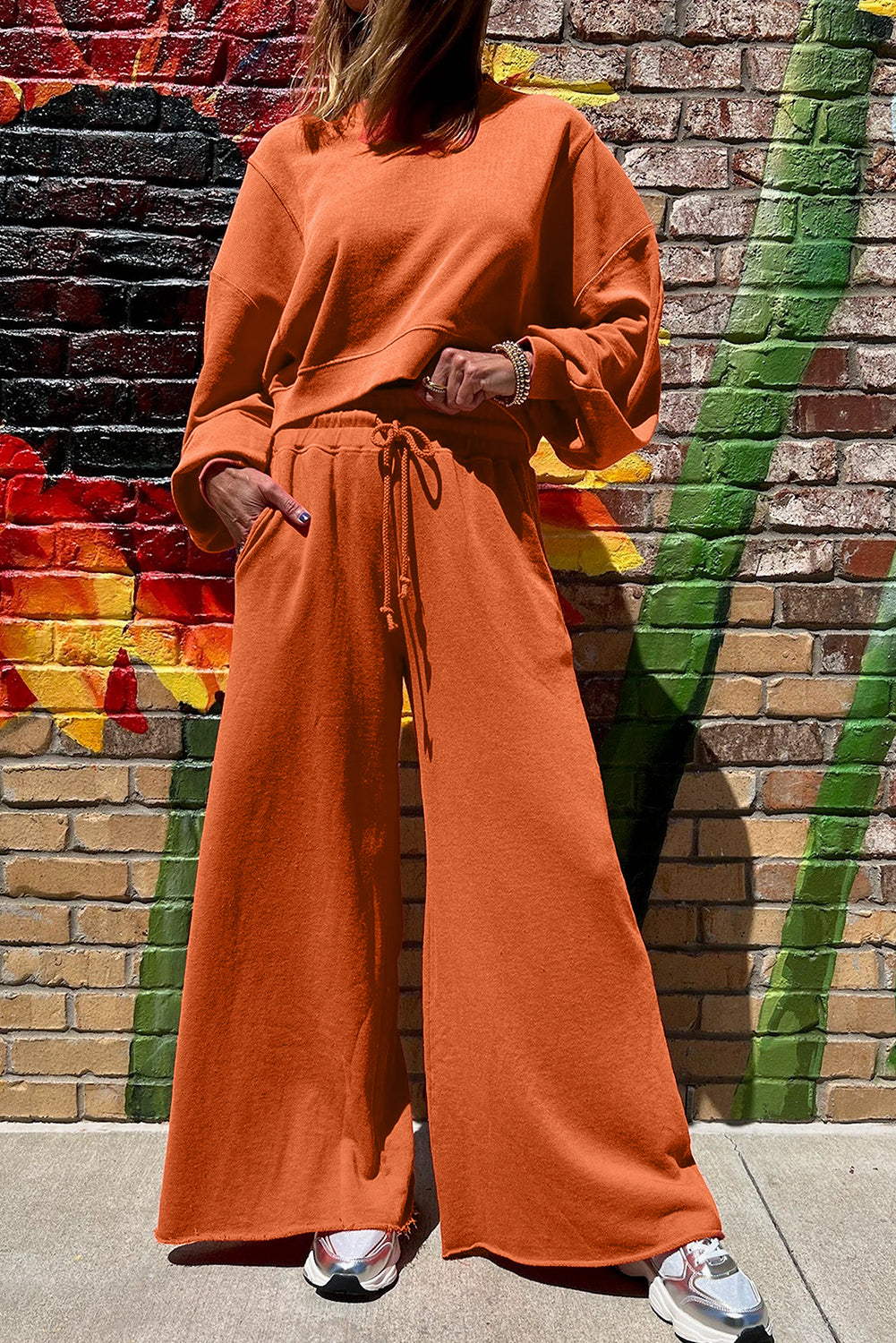 Mist Blue Drop Shoulder Crop Pullover Drawstring Wide Leg Pants Set