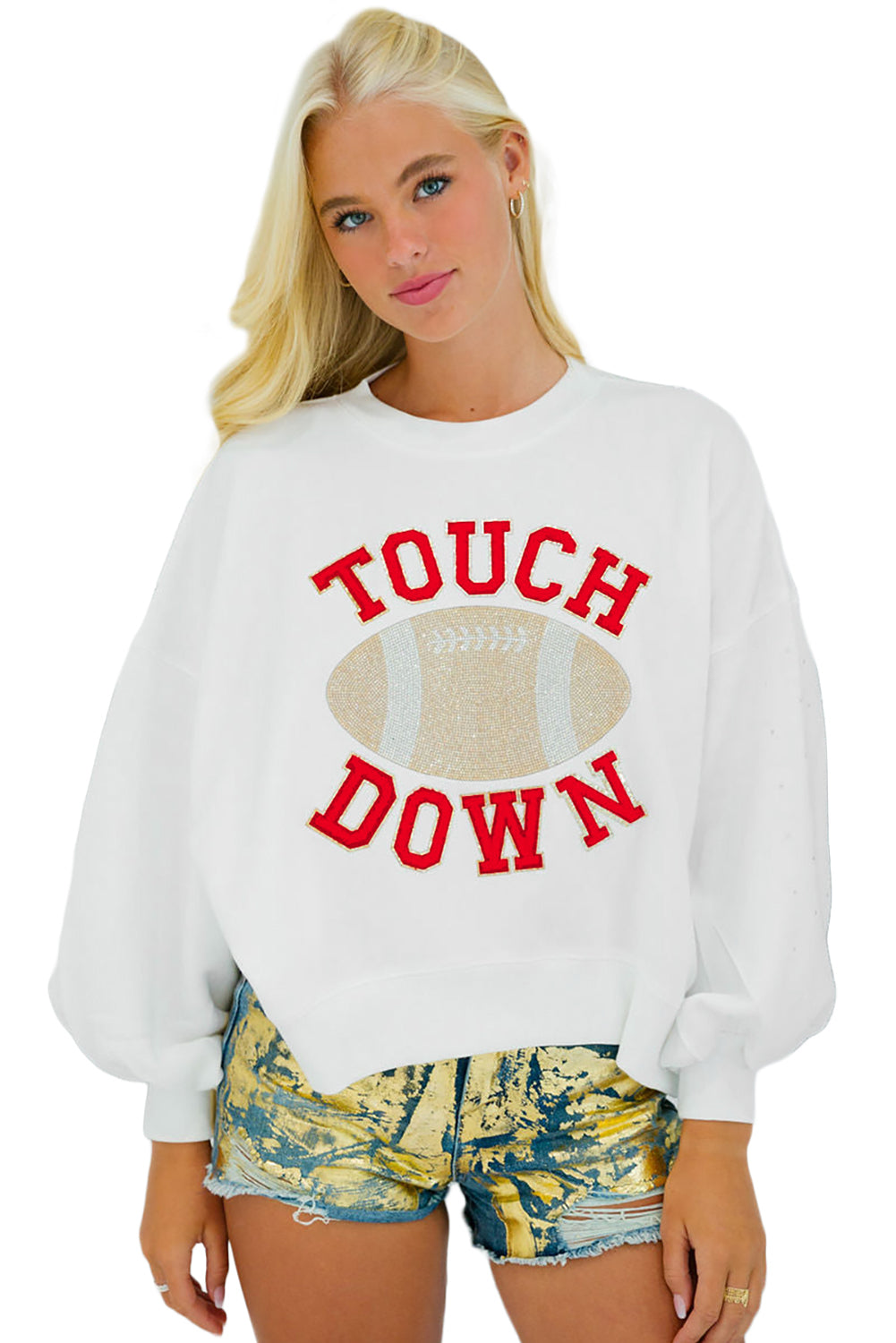 White TOUCH DOWN Rugby Graphic Pullover Sweatshirt