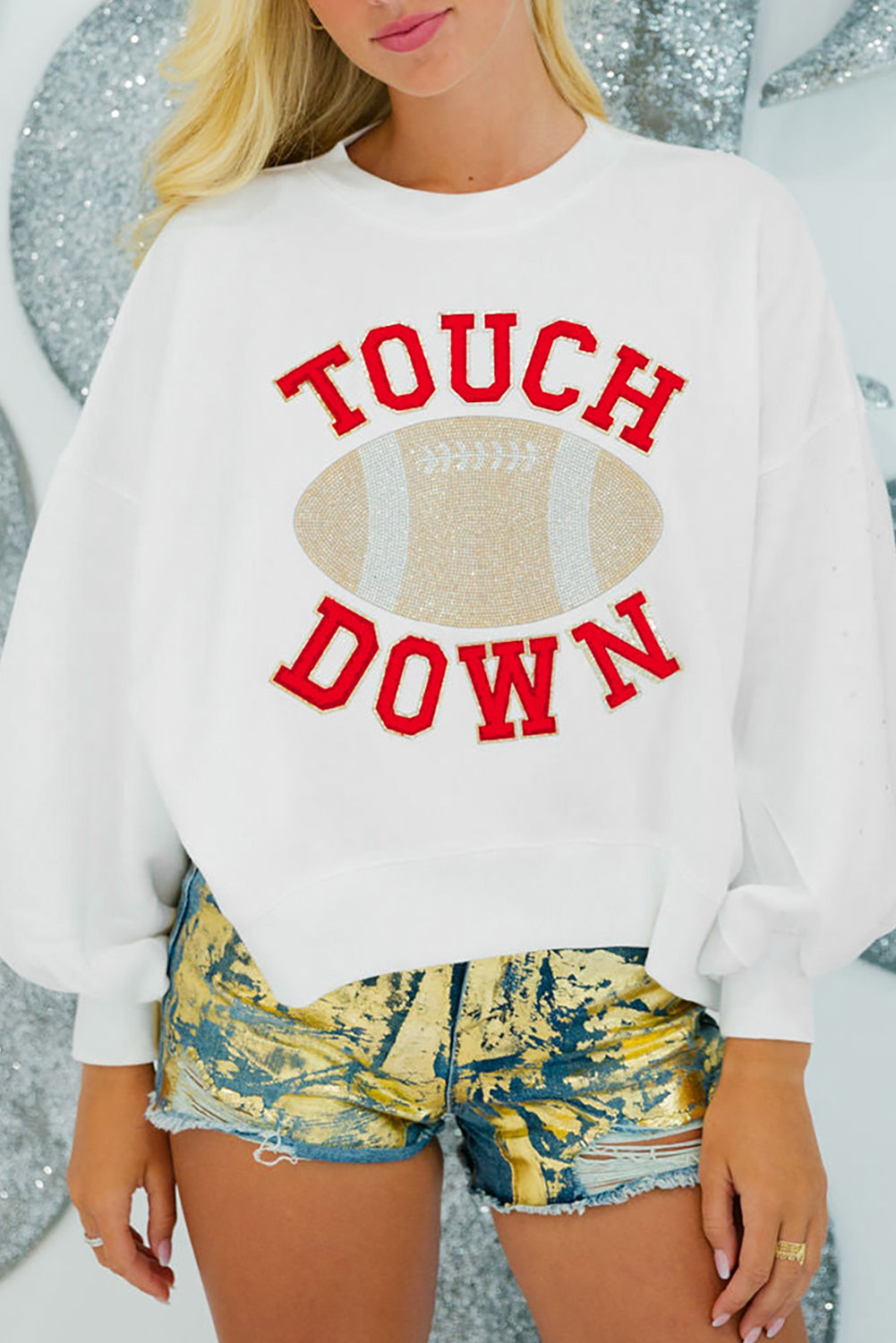 White TOUCH DOWN Rugby Graphic Pullover Sweatshirt