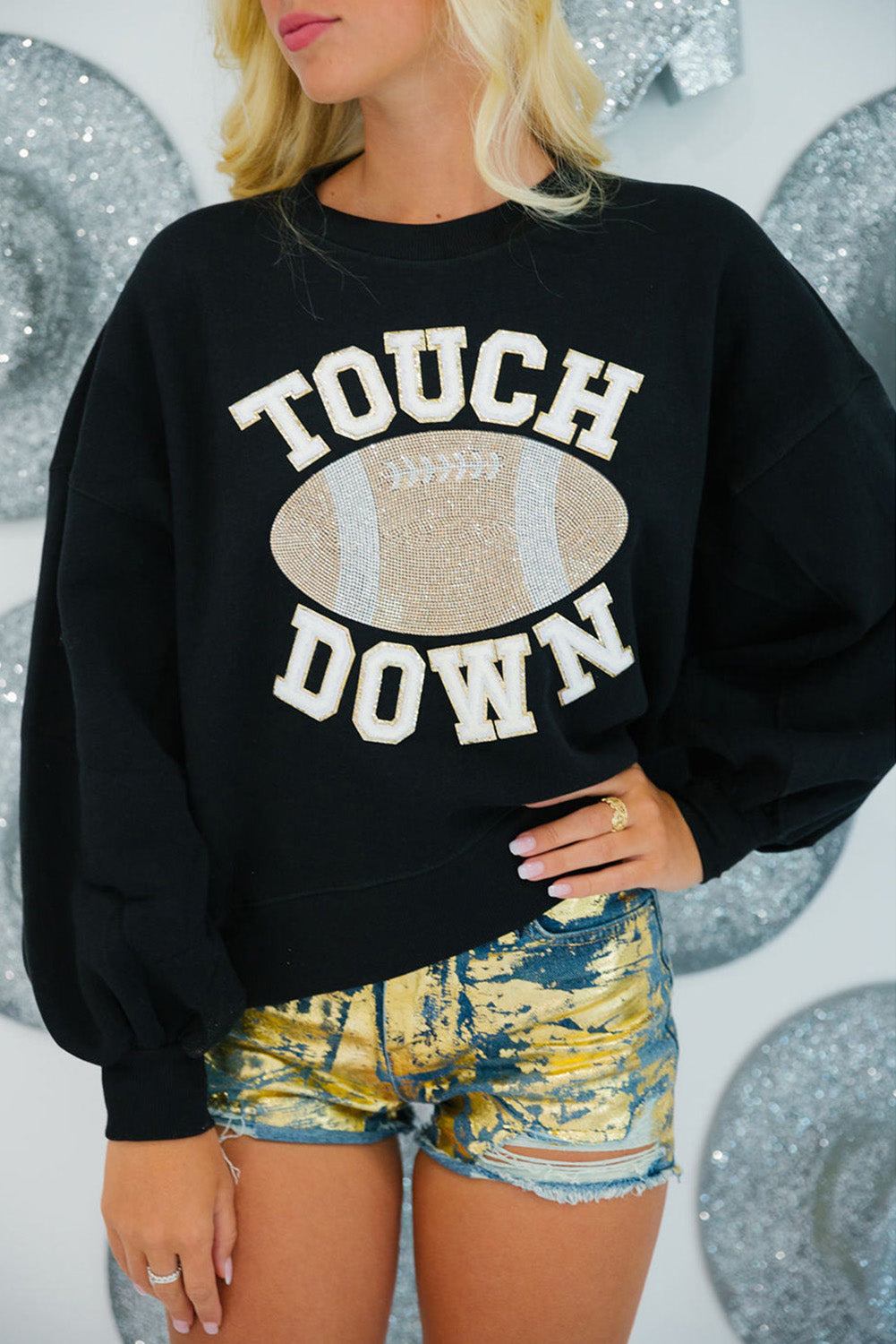 White TOUCH DOWN Rugby Graphic Pullover Sweatshirt